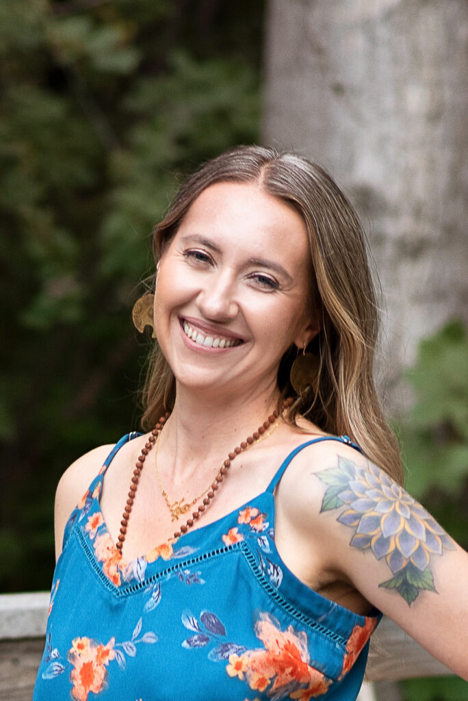 Smiling woman in blue dress